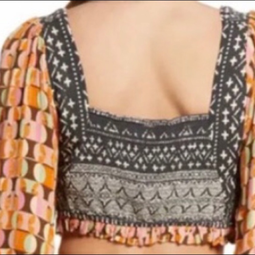 New Free People Naomi Sm Black Orange Midriff Puff Sleeve Mixed Print Crop Top - Picture 5 of 11
